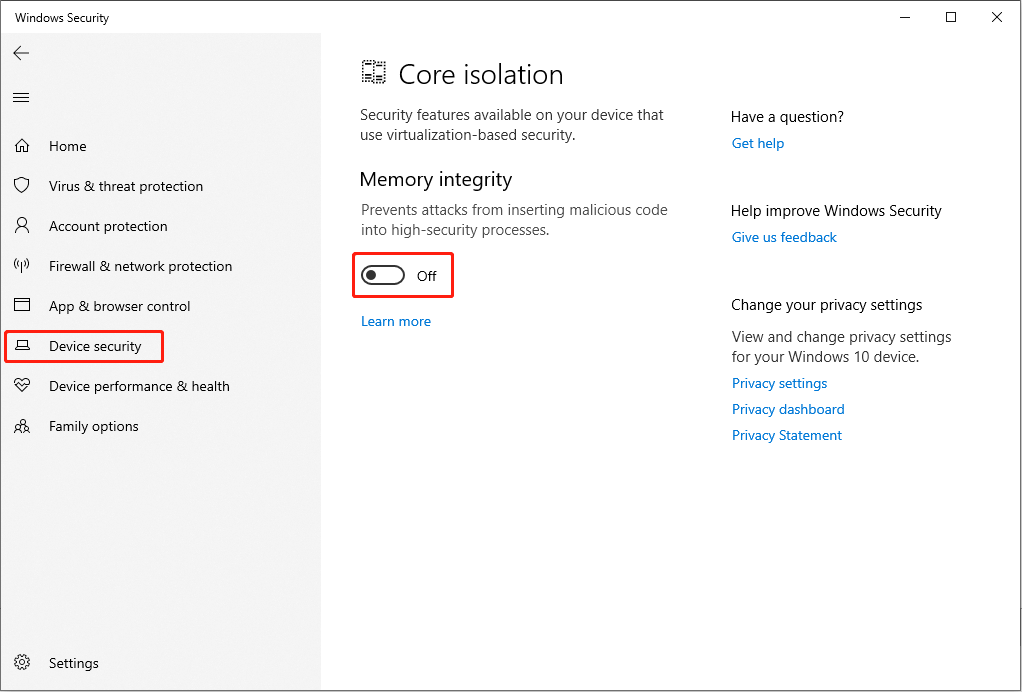 turn off the Core Isolation in Windows Settings