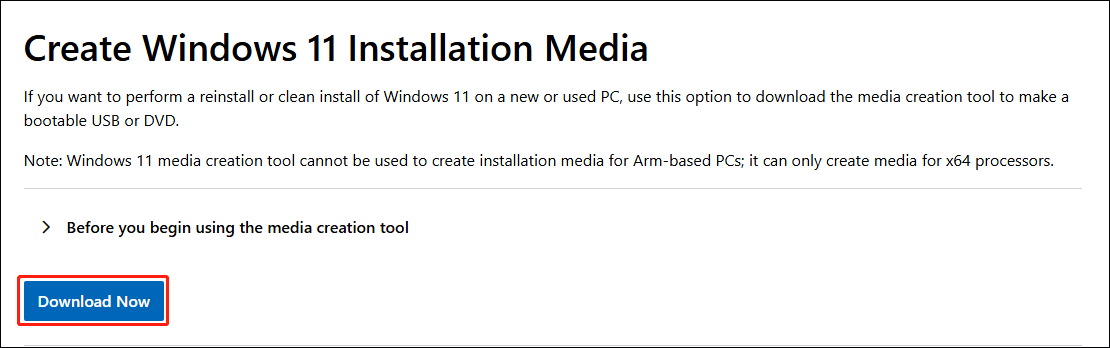 create a Windows installation media from the official website