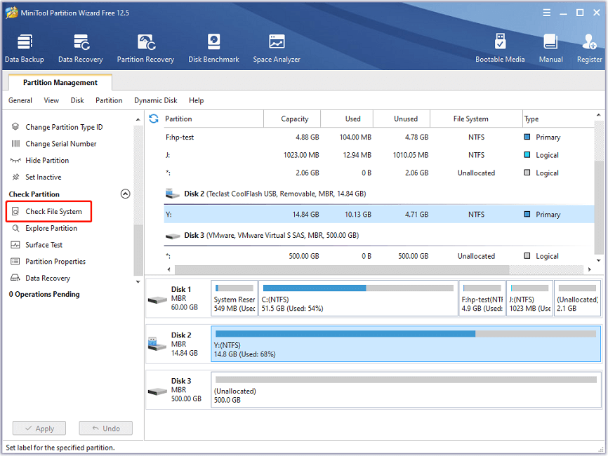 Haga clic en Verificar sistema de archivos en MiniTool Partition Wizard