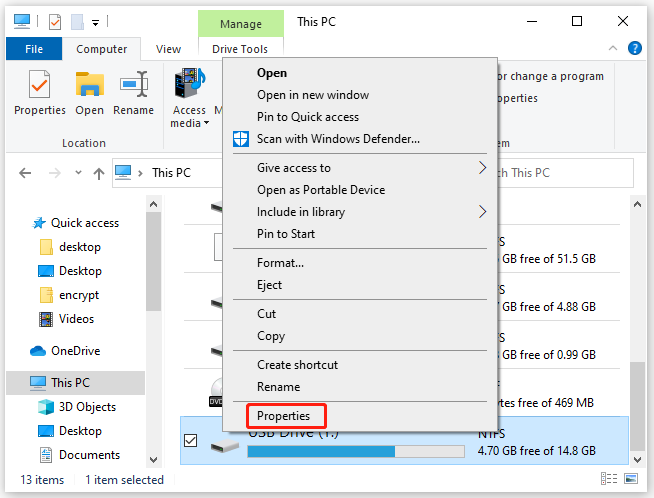 Seleccione Propiedades en el menú contextual del botón derecho del USB