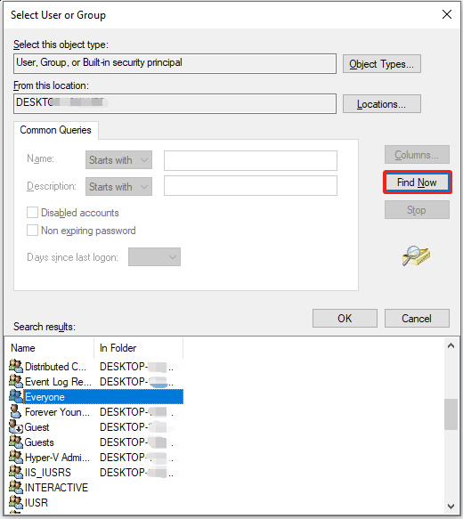 Haga clic en Buscar ahora para encontrar al usuario en Configuración de seguridad avanzada