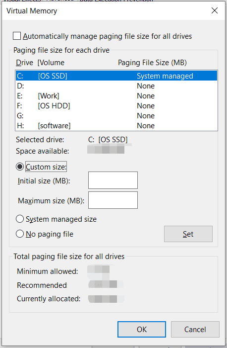 set custom size to increase virtual memory