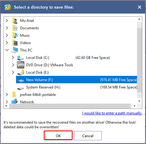 selecione um local para guardar os dados no MiniTool Partition Wizard