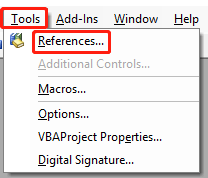 vá em Ferramentas e depois em Referências no seu arquivo Excel
