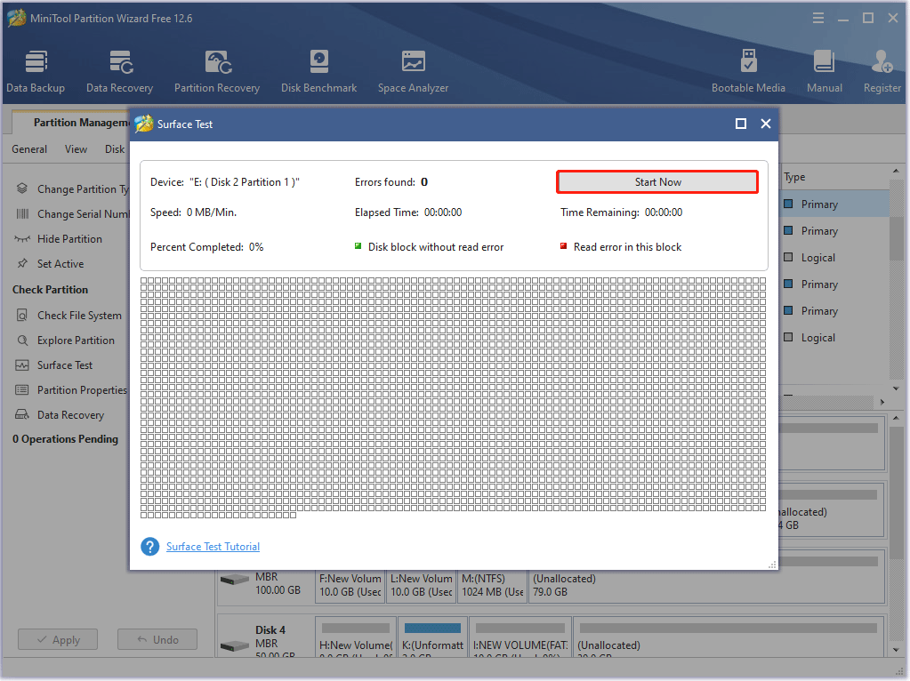 iniciar o teste de superfície no MiniTool Partition Wizard