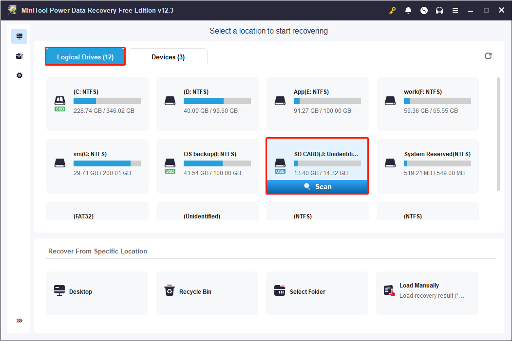 under Logical Drives, select the Unidentified USB drive to scan in MiniTool Power Data Recovery