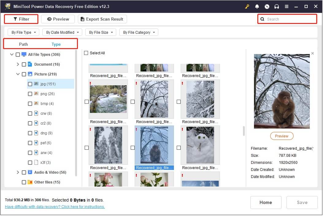 make use of the Path, Type, Filter, and Search features in MiniTool Power Data Recovery to find files faster