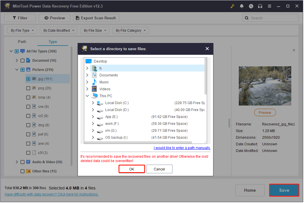 choose a directory to save the ticked files in MiniTool Power Data Recovery