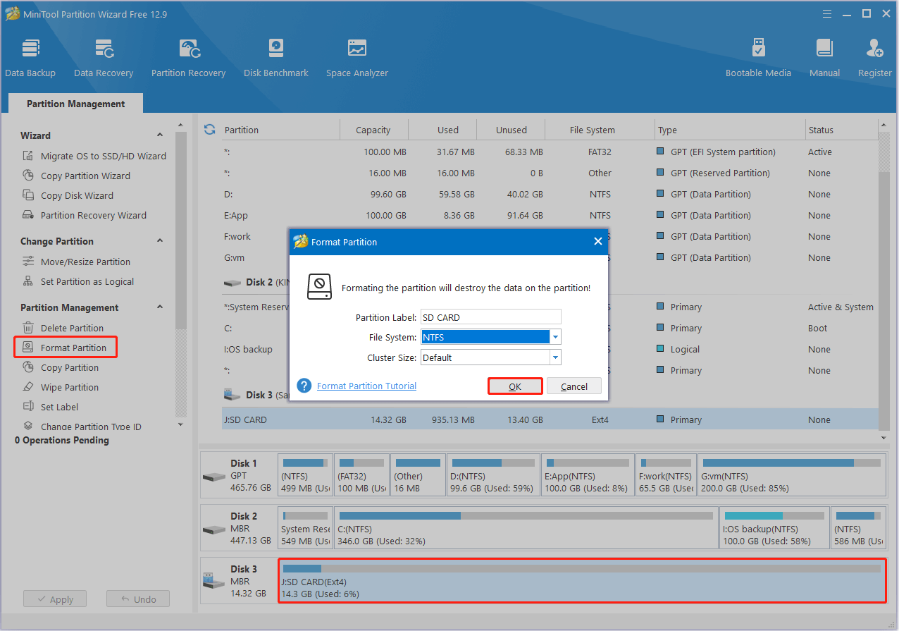 format the Ext4 partition to NTFS in MiniTool Partition Wizard