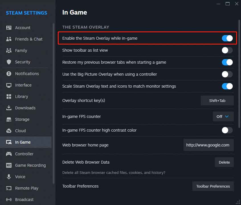 disable Steam overlay while in-game