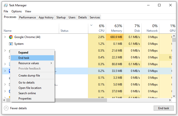 hit End task in Task Manager to terminate unnecessary programs