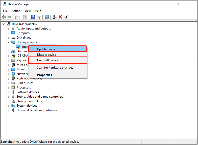 update or uninstall the graphics card driver in Device Manager