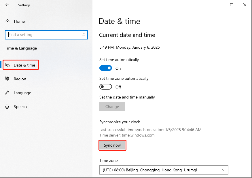 click Sync now under the Synchronize your clock section in Windows Settings