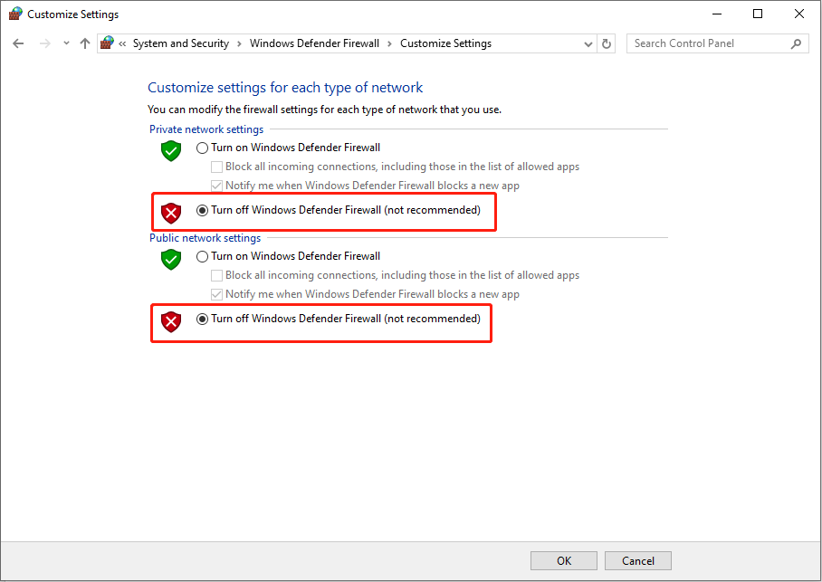 turn off the Windows Defender Firewall via Control Panel