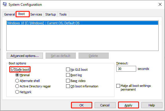 click on Safe boot in the Boot tab