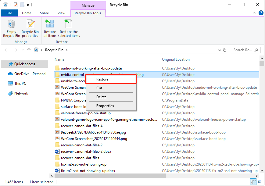 restore the file from Windows Recycle Bin