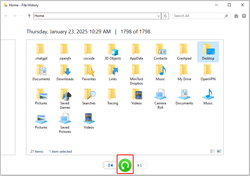 restore the backup files by using File History