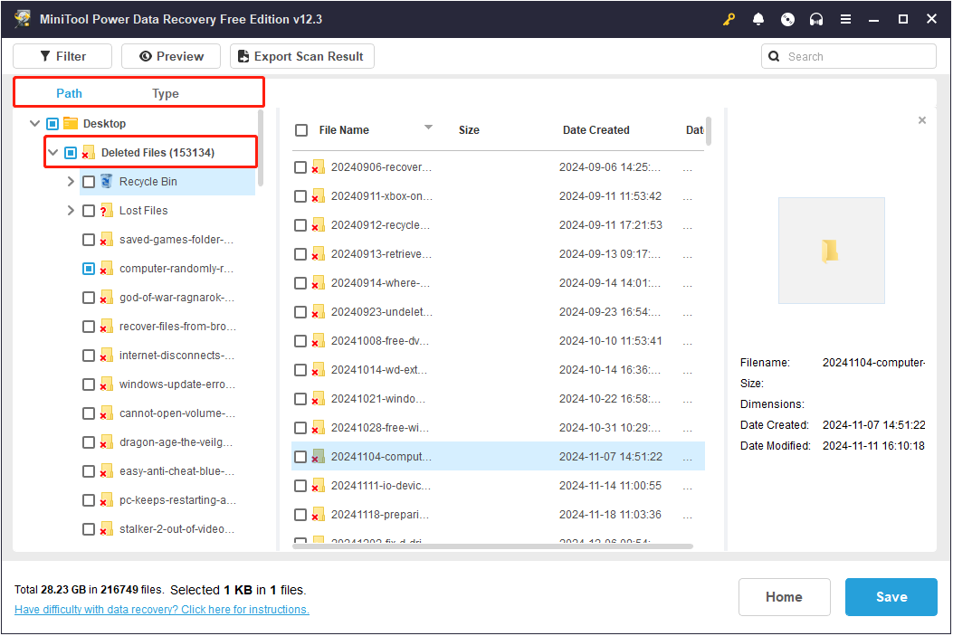 files are displayed under the Path and Type tabs in MiniTool Power Data Recovery