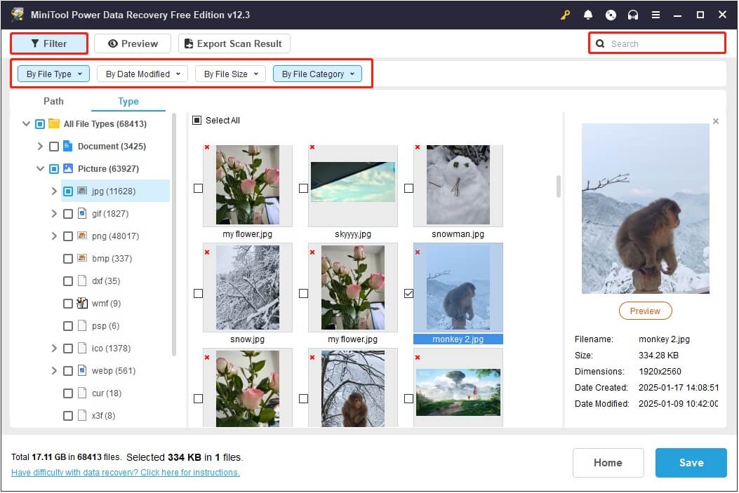 use the Filter and Search feature to narrow down file range in MiniTool Power Data Recovery