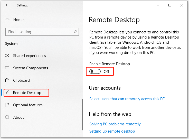 turn off Remote Desktop in Settings