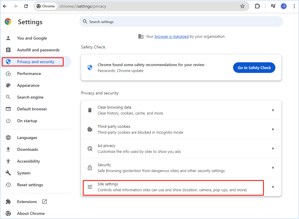 hit Site settings from the drop-down menu