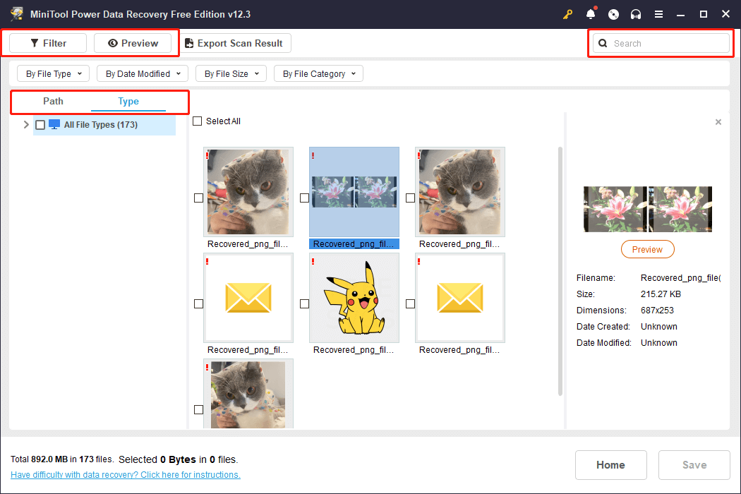 the five features of MiniTool Power Data Recovery to filter files