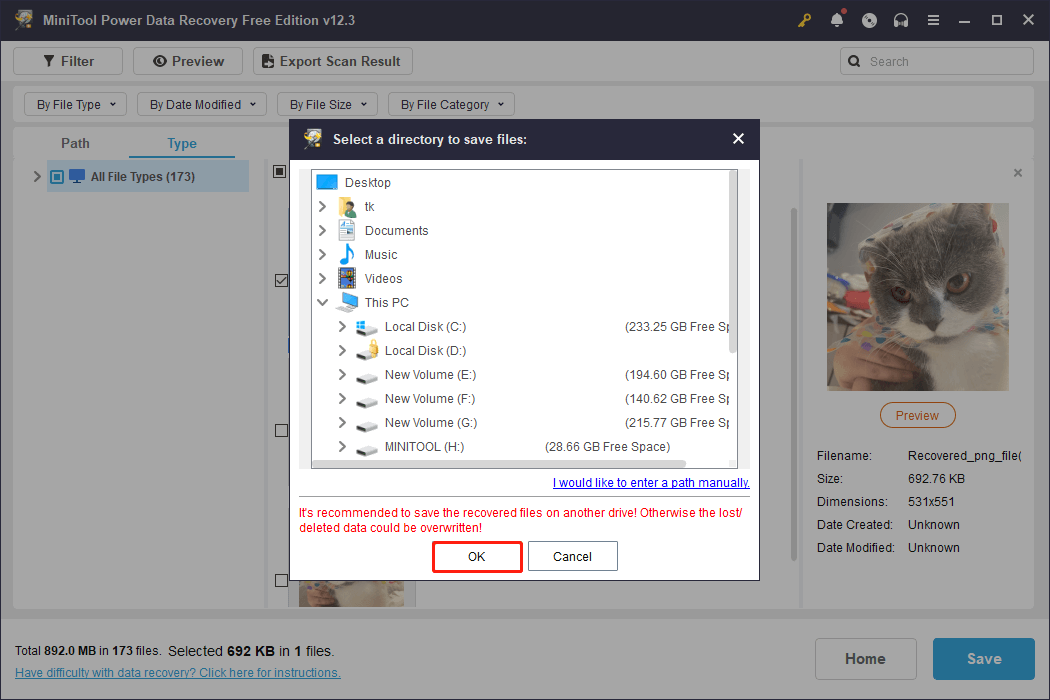choose a location to save the restored files and click OK via MiniTool Power Data Recovery