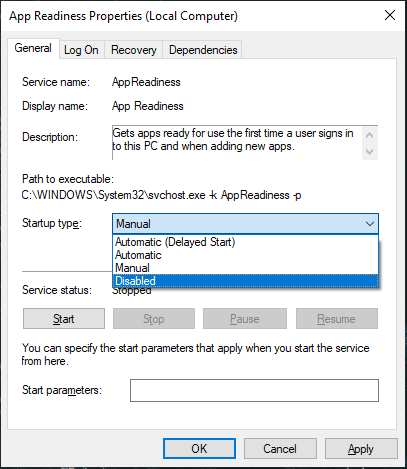 set Startup type to Disabled