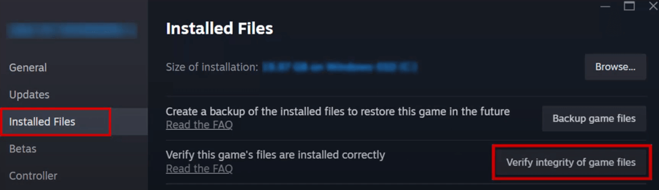 click the Verify integrity of files button to check the game files in Steam