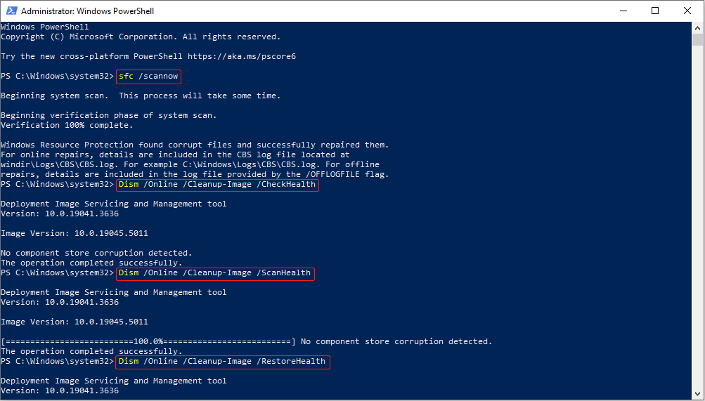 run SFC and DISM to repair corrupted system files with PowerShell