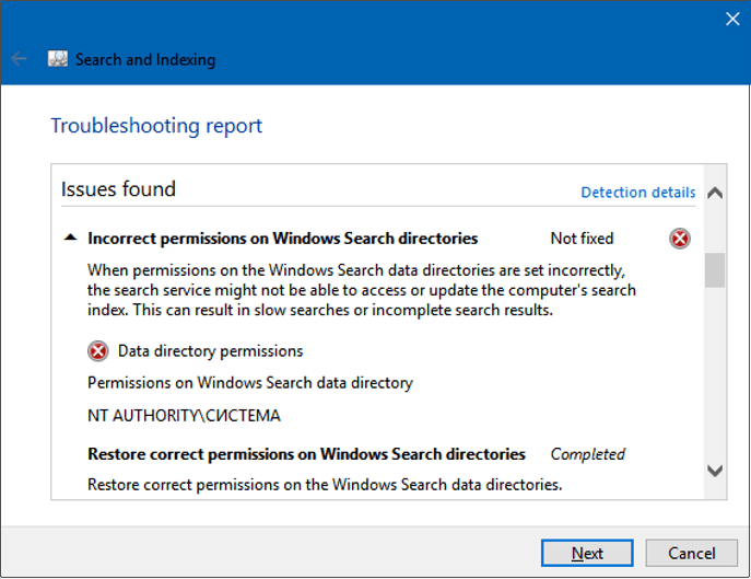 Incorrect permissions on Windows Search directories error message