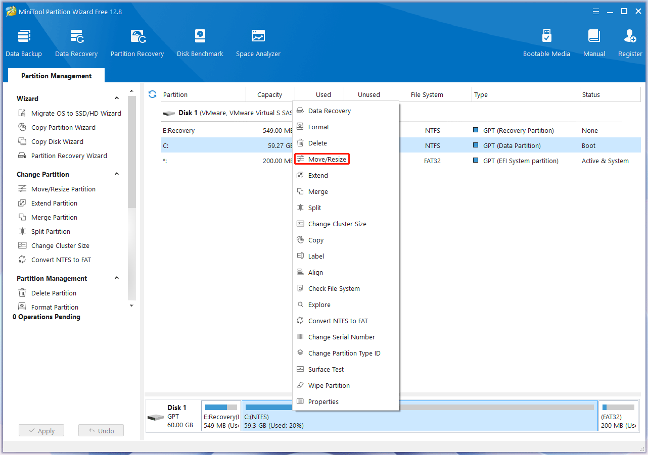 clique em Mover/Redimensionar no MiniTool Partition Wizard