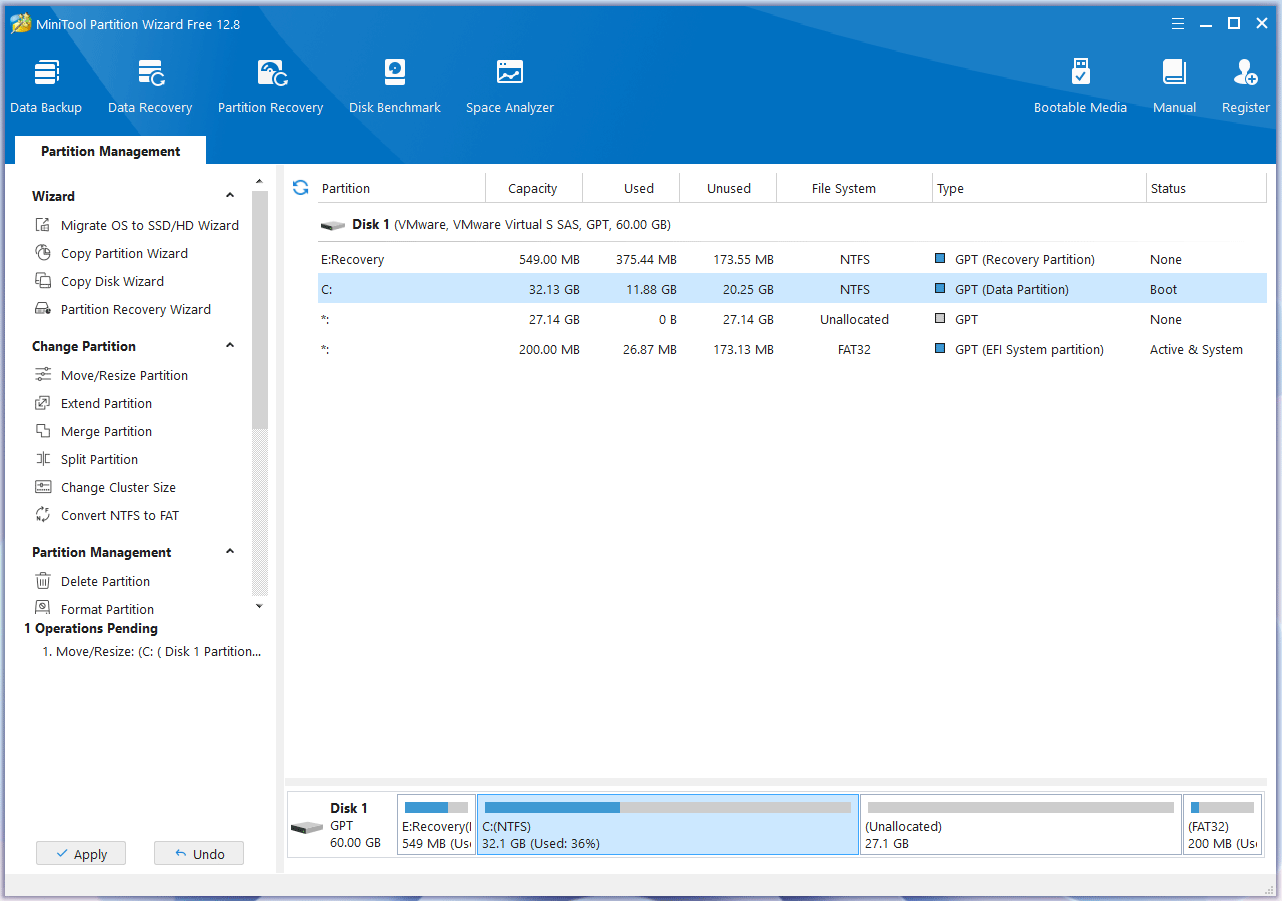 clique em Aplicar no MiniTool Partition Wizard para aplicar a operação