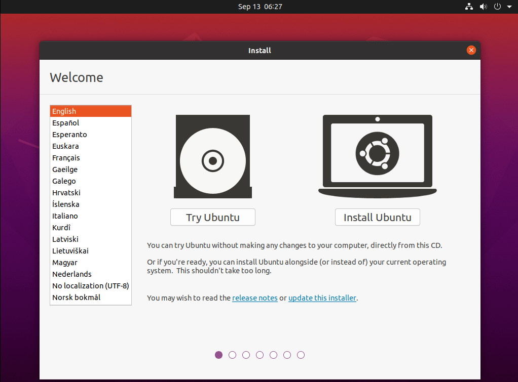 Página de instalação do Ubuntu