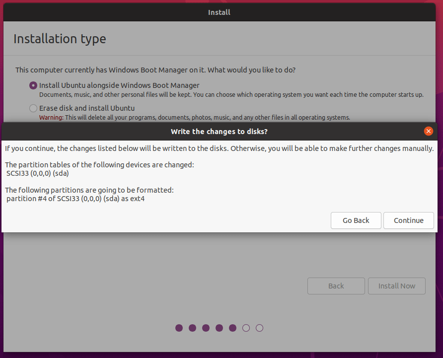 escreva as alterações nos discos durante a instalação do Ubuntu