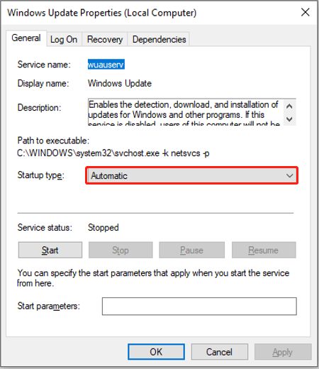 set the Startup type to Automatic and click Start