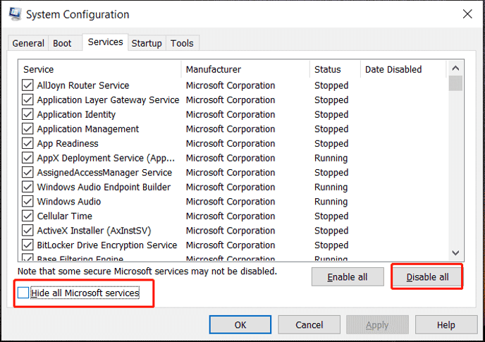 check the option to Hide all Microsoft services and then select Disable all