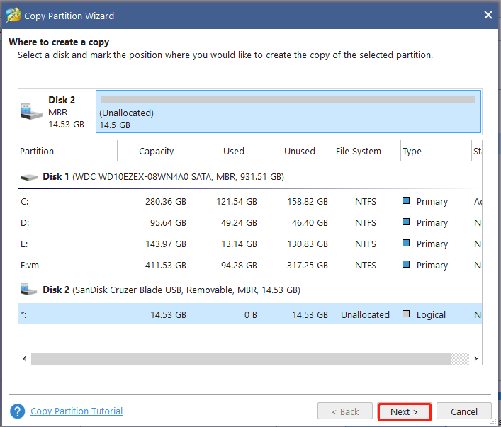 clique no botão Avançar após escolher o destino da cópia no MiniTool Partition Wizard