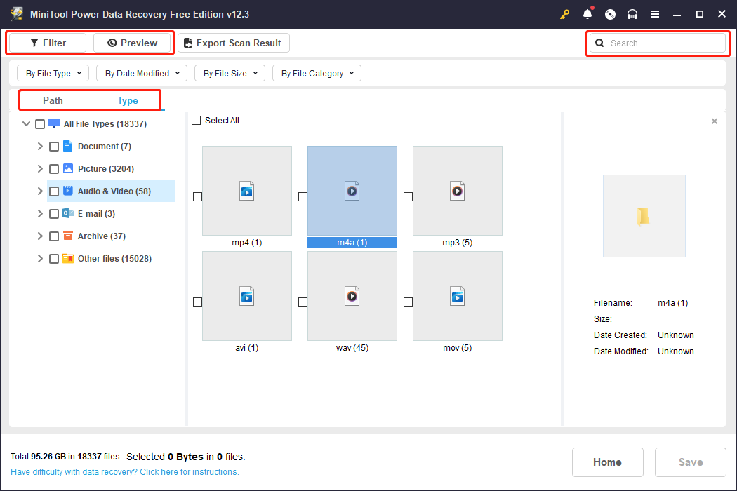 locate the wanted files with multiple features in MiniTool Power Data Recovery