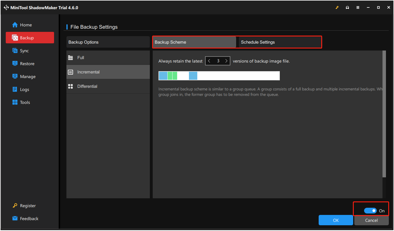 enable and set up backup scheme and schedule settings in MiniTool ShadowMaker