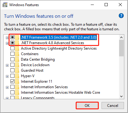 enable the .NET framework in Control Panel