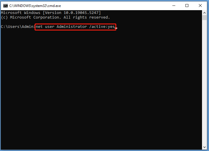 run this command to enable the administrator account in Windows 10