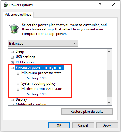 change the minimum and maximum processor state to 99% in the power options window