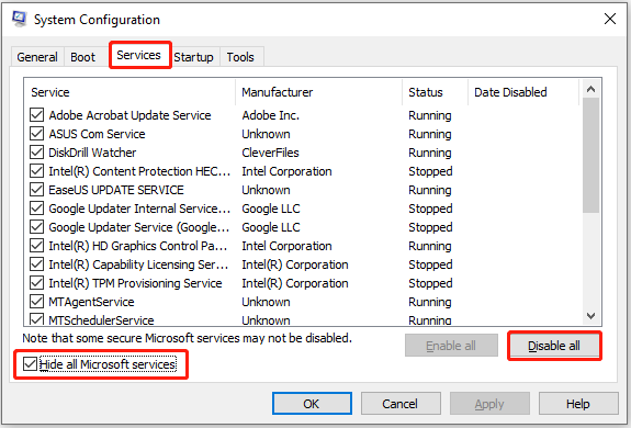 hide all Microsoft services and disable all non-Microsoft services from System Configuration