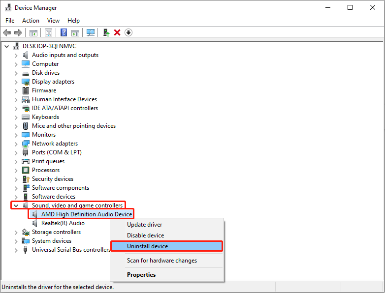 uninstall the Realtek HD Audio Manager in Device Manager