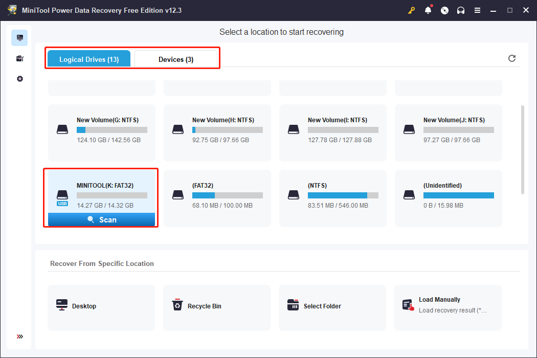 select the TF card and scan it using MiniTool Power Data Recovery
