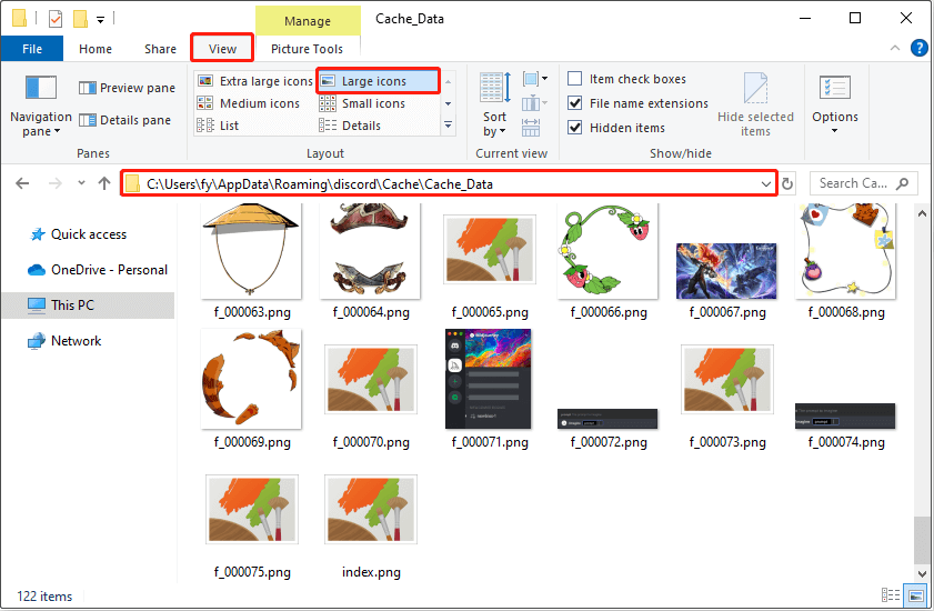 view the cache files in the Discord cache folder