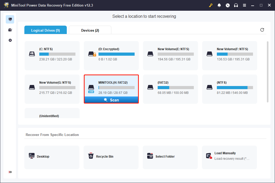 scan the target partition via MiniTool Power Data Recovery