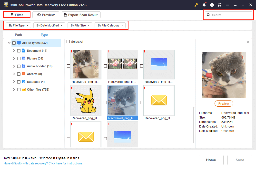 use Filter and Search to locate the wanted files in MiniTool Power Data Recovery