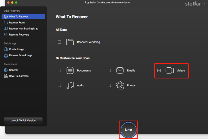 check Vides in Stellar Data Recovery for Mac